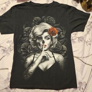 Black T-Shirt with Skull and Rose Design